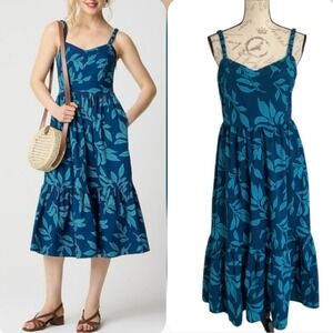 J. Crew Poplin Corset Midi Smocked tiered Dress 10 Blue Floral Pockets Summer